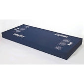 Dark blue rectangular hospital foam mattress with white branding and details, front angle view.