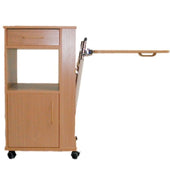 Bedside cabinet with wheels, a drawer, cupboard, and adjustable tilting table, shown from the front.