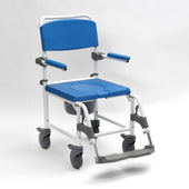 Blue and white mobile shower commode chair with adjustable backrest, armrests, footrests and wheels, front angle view.
