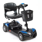 Blue mobility scooter with seat, armrests, handlebars, and front basket, shown from the side.