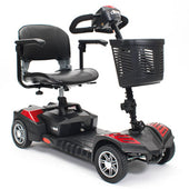 Blue Drive Scout mobility scooter with seat, armrests, handlebars and front basket, indoor or outdoor use, front angle.