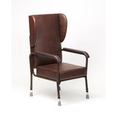 Brown high back chair with armrests, cushioned seat, lumbar support, winged sides and metal legs with rubber stoppers, front angle view.