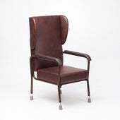 Brown high back chair with armrests, cushioned seat, lumbar support, winged sides and metal legs with rubber stoppers, front angle view.