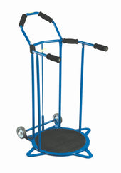Blue metal rotary walker with padded handles, circular base and small wheels, side view.