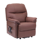 Burgundy leather dual motor riser recliner chair with cushioned armrests and side remote control, front angle view.