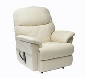 Burgundy leather dual motor riser recliner chair with padded armrests and side lever on white background, front view.