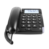 Black corded phone with large buttons and clear screen, designed for easy use, front view.