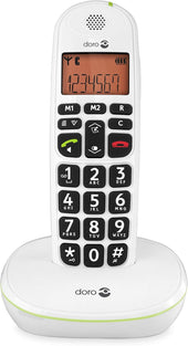White cordless phone with large black buttons and matching charging base, amplified handset shown side by side, front view.