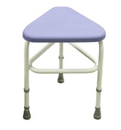 Blue PU seat shower stool with white metal legs, height adjustable, shown in a corner position, angled side view.
