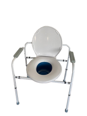 White Big John Commode with seat, lid, armrests and removable pan for mobility support, front angle view.