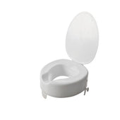 4″ Serenity raised toilet seat with an upright lid, front view.