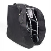 Black Drive wheelchair storage bag partially unzipped with folding wheelchair visible inside, angled side view.