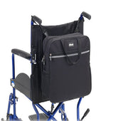 Drive wheelchair backpack shopping bag with zip attached to blue wheelchair handles, rear view.