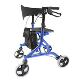 Blue Z-Tec Falcon rollator with four wheels, hand brakes, seat, black backrest and pouch, shown from the front.