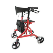 Blue Z-Tec Falcon Rollator with four wheels, black seat, storage pouch, and hand brakes, indoor use, side view.