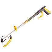 Yellow and black grabber tool for picking up items, side view.