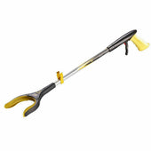 Yellow and black grabber tool with trigger handle and lockable jaw, side view.
