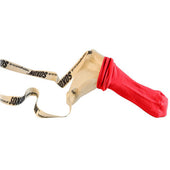 Red and beige Soxon sock and stocking aid with long strap, fabric design, front view.