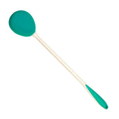 Long handled sponge with white head and blue handle for washing hard-to-reach areas, side view.