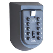 Black weather-resistant keysafe with numeric keypad, buttons 0-9, OPEN and CLEAR, front view.