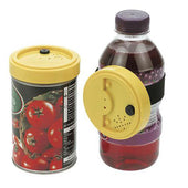 Two Talking Products Talking Tins attached to a can of tomatoes and a plastic bottle, in use view.