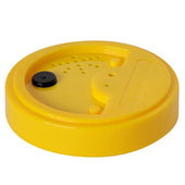 Talking Tins round plastic device with holes and a recording button, front view.