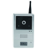Silver wireless video door phone with camera, speaker, antenna and large CALL button, front view.