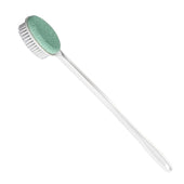 Foot scrub brush with green pumice on one side and bristles on the other, Helping Hand brand, close-up.