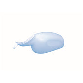 Able2 female urinal with lid on a plain white background, front view.