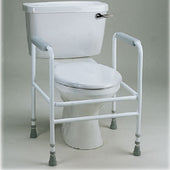 White steel toilet frame with armrests, mobility aid for use around the toilet, front view.