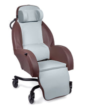 Brown and light grey tilt in space chair with wheels, padded armrests, headrest, footrest and metal frame, front view.