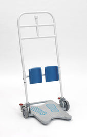 Drive Ambiturn Sit To Stand Transfer Aid with blue knee supports, wheels and metal frame, front view.
