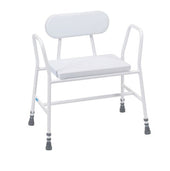 White Drive bariatric perching stool with padded back, height adjustable rubber-tipped legs, supports up to 44 stone, front view.
