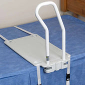 NRS 2 in 1 Bed Rail with metal support handle fitted to a divan bed with a blue sheet, side view.