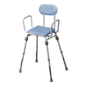 Blue and white perching stool with PU seat, backrest, armrests and non-slip rubber tips, front view.