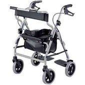 NRS 2 in 1 rollator and transit chair with four large wheels, padded seat, backrest, hand brakes and storage pouch, side view.