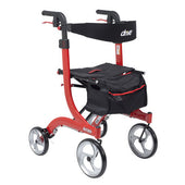 Red Drive Nitro Rollator Tall with four wheels, large front castors, black seat, storage bag and hand brakes, side view.