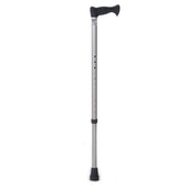 Aluminium support stick with straight neck, black PVC handle and rubber tip, upright on white background, front view.