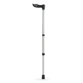 Silver adjustable Fischer stick with black ergonomic handle and rubber tip for comfort, shown from the side view.