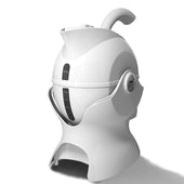 White kettle with ergonomic handle and spout on a curved stand, side view.