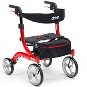 Red aluminium frame rollator with black seat and removable zipped bag, side view.