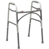 Lightweight silver and grey bariatric folding walker with four legs, black hand grips and height adjustment, front view.
