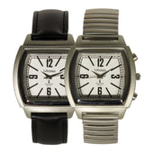 Lifemax vintage talking atomic watches with white faces, black leather or silver metal straps, showing front view.