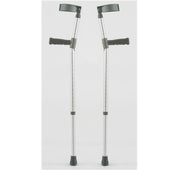 Single adjustable crutches in lightweight aluminium with black handles and tips, upright on plain background, front view.