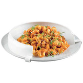 Drive Plate Guard fitted to a plate, helps with one-handed eating, shown in use from a top view.