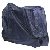 Dark blue rip-stop nylon scooter cover with black bottom strap, fitted over a motorcycle, side view.