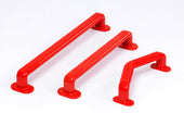 Three red grab rails in three sizes with a non-slip finish on a white background, front view.