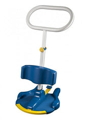 Blue and yellow height-adjustable turner with handle and foot platform for mobility assistance, side view.