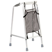 Drive net bag attached to front of walking frame for carrying items, shown in use from front view.