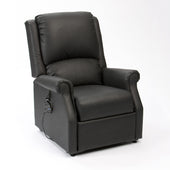 Black anti-microbial PVC recliner chair with padded armrests and remote, front view.